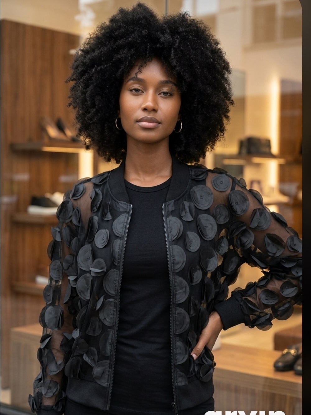 Black Sheer Appliqué Bomber Jacket - Women